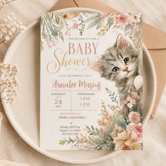 Invitation Fête de Bébé Fleur Rose Kitten Blush