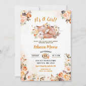 Invitation Fête de Bébé Fleur Rose Renard Forêt (Devant)