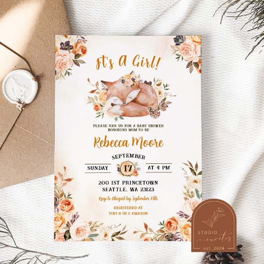 Invitation Fête de Bébé Fleur Rose Renard Forêt
