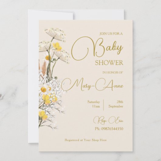 Invitation Fête de Bébé Fleur Sauvage Aquarelle Florale (Devant)