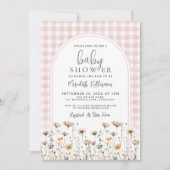 Invitation Fête de Bébé Fleur Sauvage Gingham Rose Pâle (Devant)
