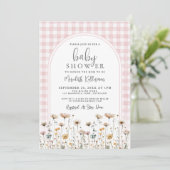 Invitation Fête de Bébé Fleur Sauvage Gingham Rose Pâle (Debout devant)