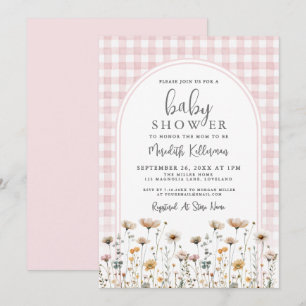 Invitation Fête de Bébé Fleur Sauvage Gingham Rose Pâle