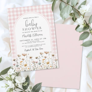 Invitation Fête de Bébé Fleur Sauvage Gingham Rose Pâle