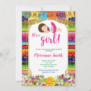 Invitation Fête de Bébé Fleurie Fille Mexicaine Colorée