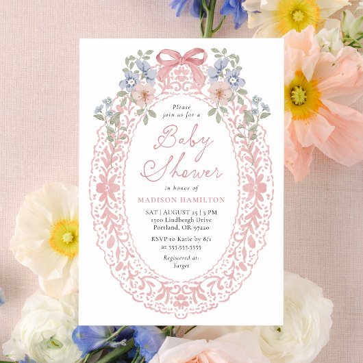 Invitation Fête de Bébé Fleurie Rose Vintage