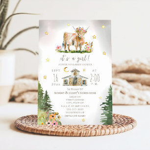 Invitation Fête de Bébé Fleurie Vache des Highlands Lune Étoi