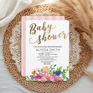 Invitation Fête de Bébé Fleurs Aquarelle Colorées Or Blanc