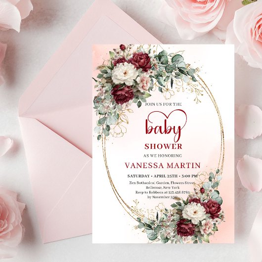 Invitation Fête de bébé Fleurs de Eucalyptus Rouge Profond Cl