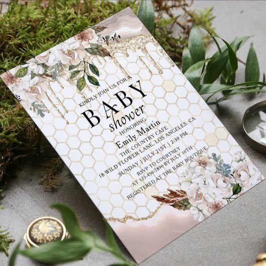 Invitation Fête de Bébé Fleurs de Marbre avec Dégoulinure de