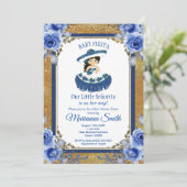 Invitation Fête de Bébé Fleurs de Roses Bleu Royal Or Fiesta  (Debout devant)