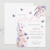 Invitation Fête de Bébé Fleurs Jumelles Deux Petits Papillons (Devant / Derrière)