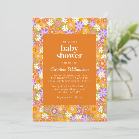 Invitation Fête de Bébé Fleurs Orange Violet Rétro (Debout devant)