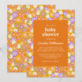 Invitation Fête de Bébé Fleurs Orange Violet Rétro (Devant / Derrière)