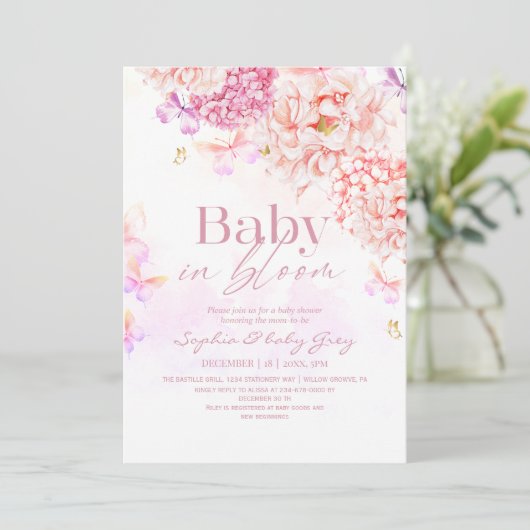 Invitation Fête de Bébé Fleurs Rose Pâle (Debout devant)