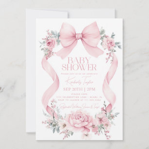 Invitation Fête de Bébé Fleurs Roses Ruban Rose Coquette