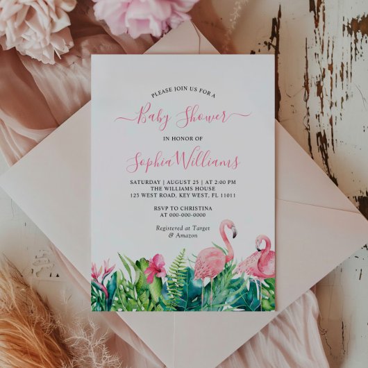 Invitation Fête de bébé Fleurs Roses Tropicales Flamants Rose