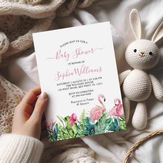 Invitation Fête de bébé Fleurs Roses Tropicales Flamants Rose