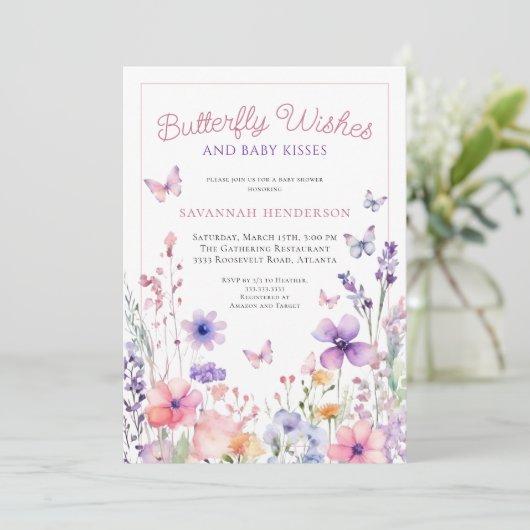 Invitation Fête de Bébé Fleurs Sauvages Papillon (Debout devant)
