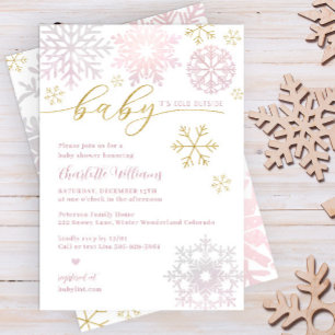 Invitation Fête de Bébé Flocon de Neige en Or Rose Hiver