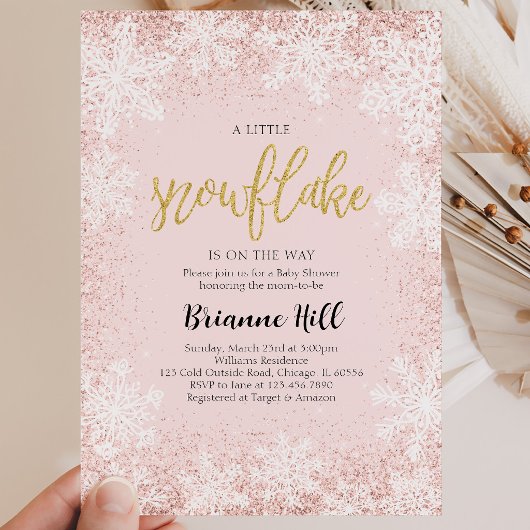Invitation Fête de Bébé Flocon de Neige Rose