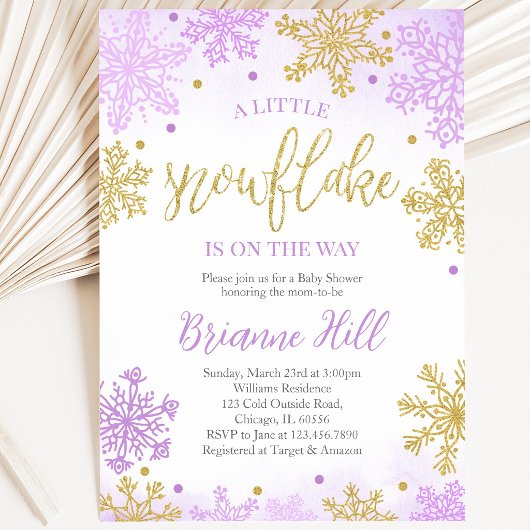 Invitation Fête de Bébé Flocon de Neige Un Peu Violet