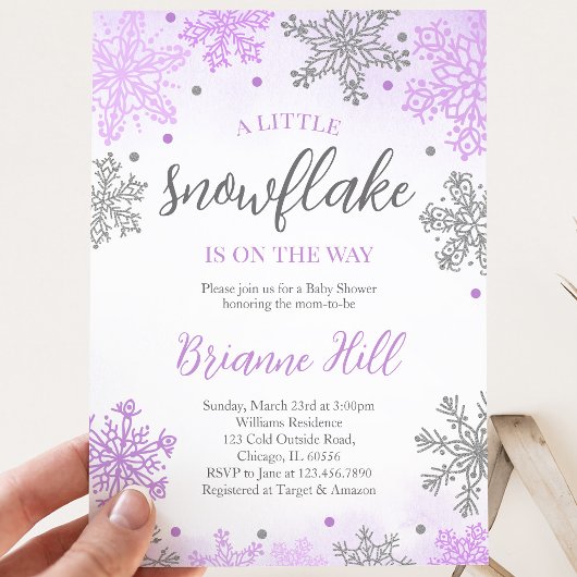 Invitation Fête de Bébé Flocon de Neige Un Peu Violet