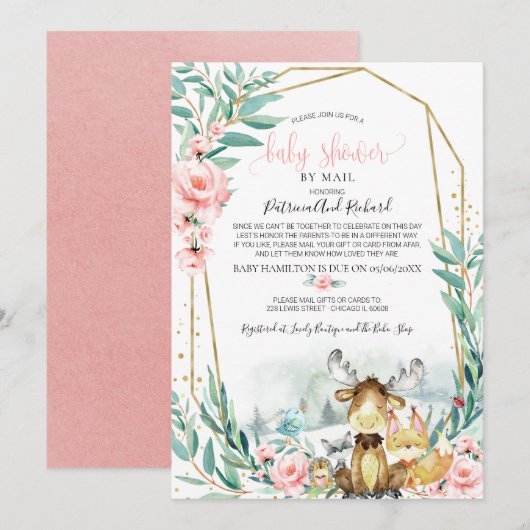 Invitation Fête de Bébé Floral de Bois par la Poste (Devant / Derrière)