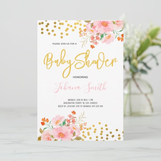 Invitation Fête de bébé Floral Doré Printemps Été (Debout devant)