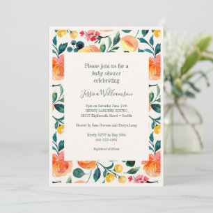 Invitation Fête de bébé florale aquarelle pêche orange printe