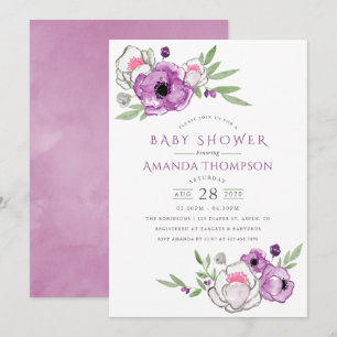 Invitation Fête de bébé florale aquarelle violette et sauge