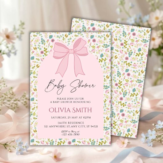 Invitation Fête de bébé florale avec ruban rose
