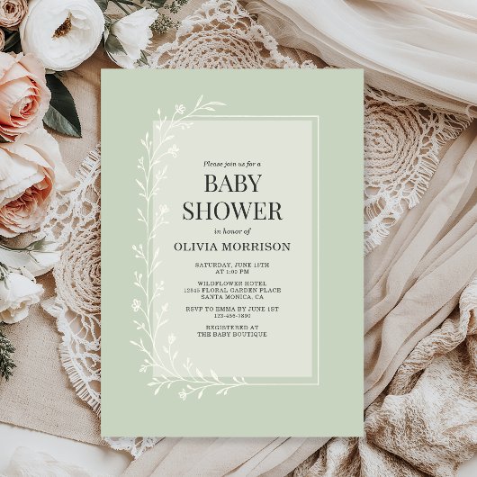 Invitation Fête de bébé florale botanique vert sauge