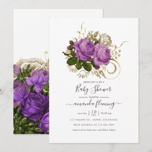 Invitation Fête de bébé florale chic vintage or et violet