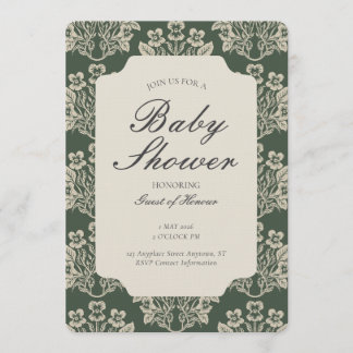 Invitation Fête de bébé florale damassée vintage vert beige