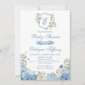 Invitation Fête de bébé florale Hydrangea Crête Bleu Poussiér (Devant)