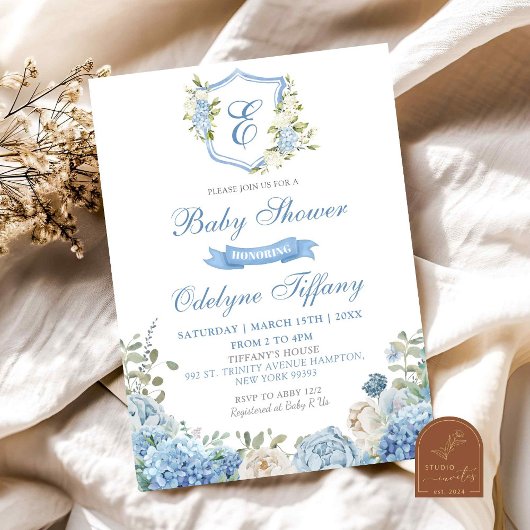 Invitation Fête de bébé florale Hydrangea Crête Bleu Poussiér