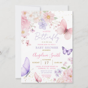 Invitation Fête de bébé florale Papillon Rose et Violet