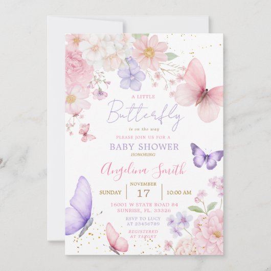Invitation Fête de bébé florale Papillon Rose et Violet (Devant)