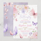 Invitation Fête de bébé florale Papillon Rose et Violet (Devant / Derrière)