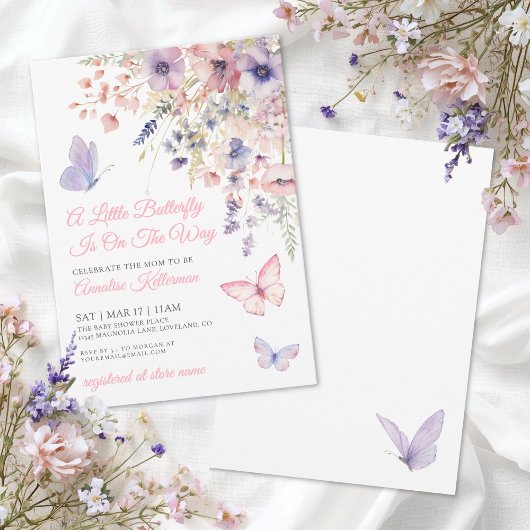 Invitation Fête de bébé florale papillon rose violet