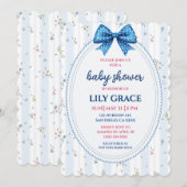 Invitation Fête de bébé florale pastel avec ruban bleu (Devant / Derrière)