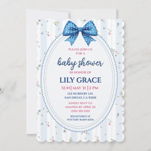 Invitation Fête de bébé florale pastel avec ruban bleu (Devant)