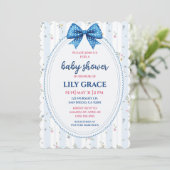 Invitation Fête de bébé florale pastel avec ruban bleu (Debout devant)
