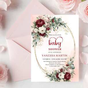 Invitation Fête de bébé florale romantique boho bordeaux et o