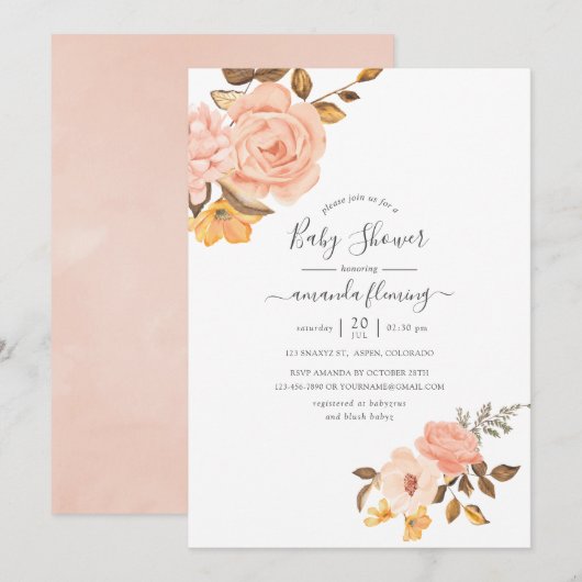 Invitation Fête de bébé florale rose et or (Devant / Derrière)