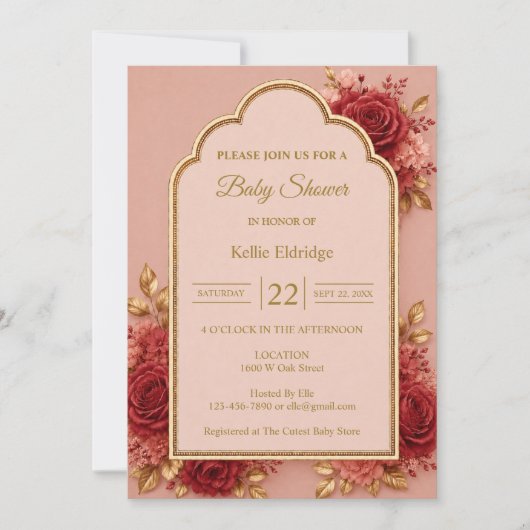 Invitation Fête de bébé florale rouge et or (Devant)