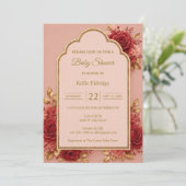 Invitation Fête de bébé florale rouge et or (Debout devant)