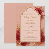 Invitation Fête de bébé florale rouge et or (Devant / Derrière)