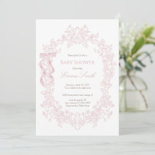 Invitation Fête de Bébé Florale Vintage Ruban Coquette Rose